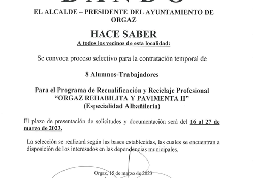 Convocatoria de 8 puestos de Alumno-Trabajador para el Programa para la Recualificación y el Reciclaje Profesional “Orgaz Rehabilita y Pavimenta II”