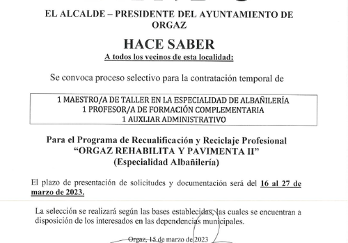 Convocatoria de varios puestos para el Programa para la Recualificación y el Reciclaje Profesional “Orgaz Rehabilita y Pavimenta II”