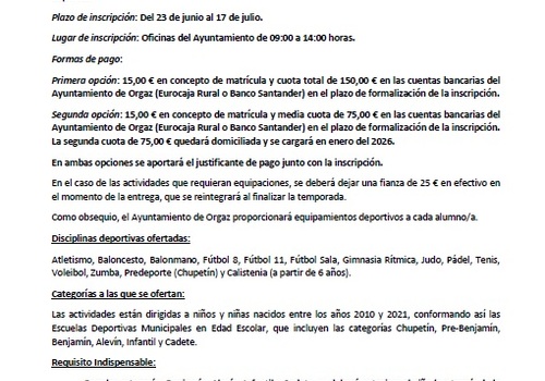 INSCRIPCIÓN ESCUELAS DEPORTIVAS CURSO 25-26