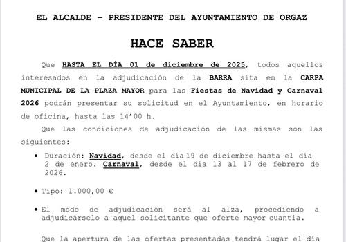PLAZO ABIERTO ADJUDICACIÓN BARRA NAVIDAD Y CARNAVAL