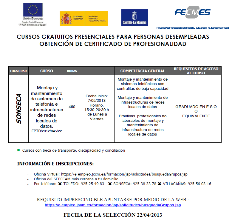 CURSO MONTAJE Y MANTENIMIENTO DE SISTEMAS DE TELEFONÍA EN SONSECA