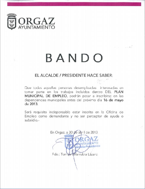 BANDO PLAN DE EMPLEO MUNICIPAL 2013