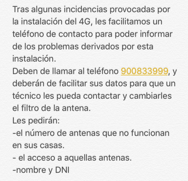 Incidencias antenas derivadas de la instalación 4G