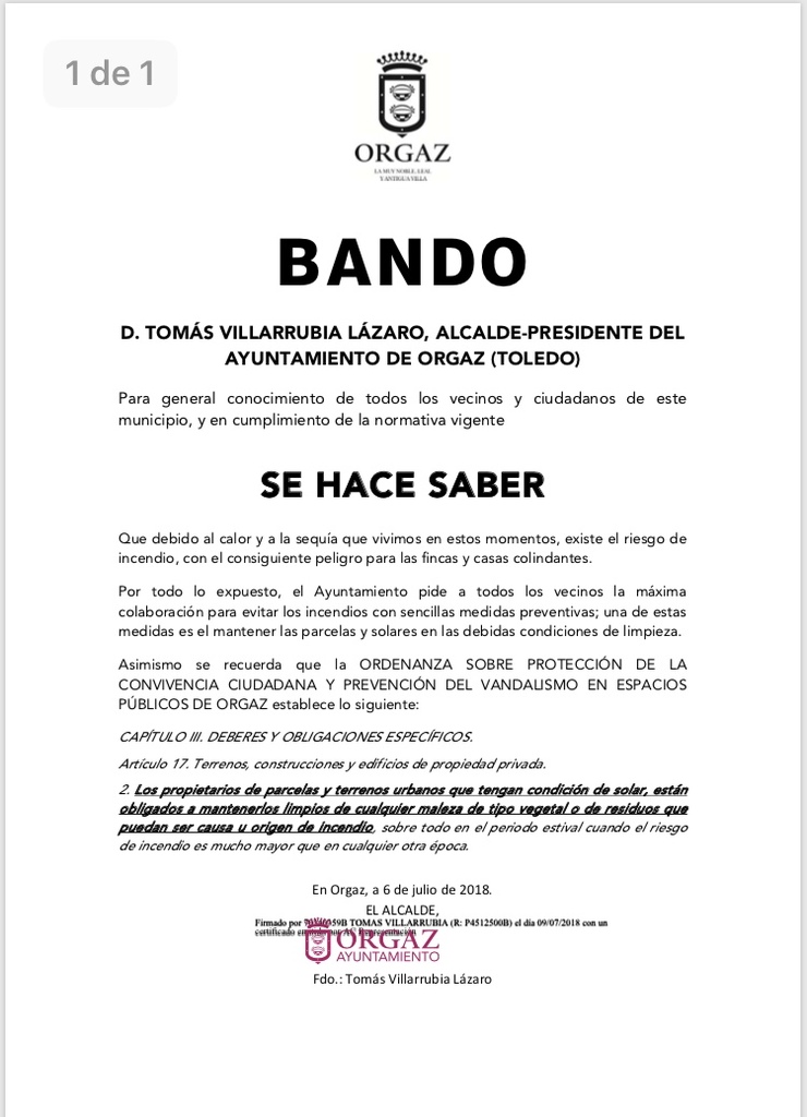 BANDO. Limpieza de parcelas y solares para evitar incendios