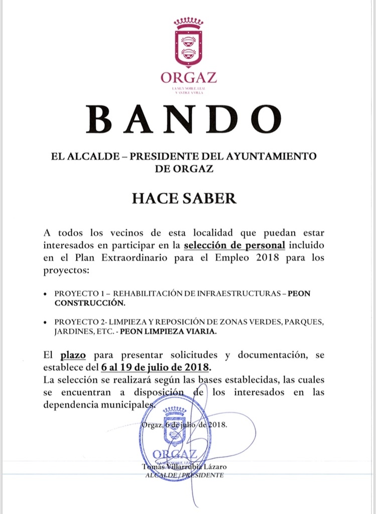 BANDO. Plan Extraordinario de Empleo