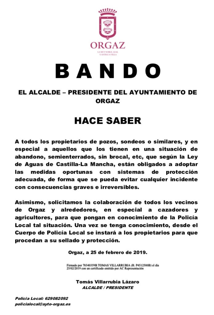 Bando sobre pozos, sondeos o similares 