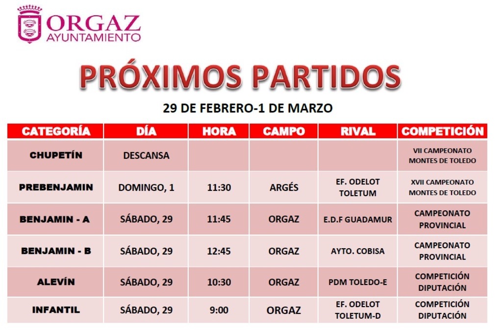 Calendario de Partidos fin de semana