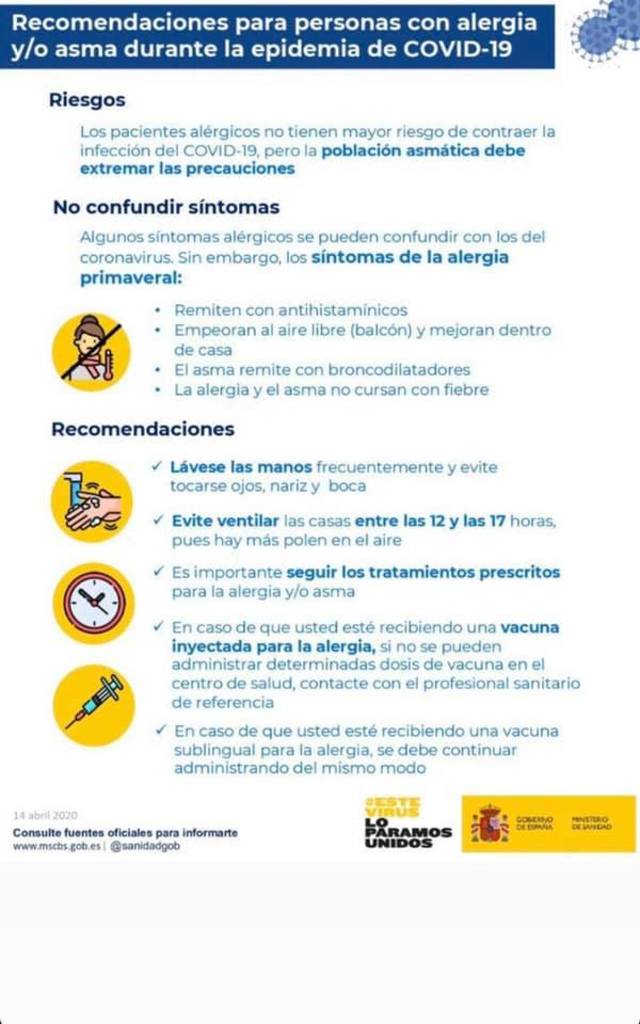 Recomendaciones para personas con alergia y asma; y evitar llevar el virus a casa.