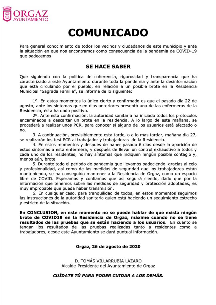 Comunicado sobre la Residencia Municipal