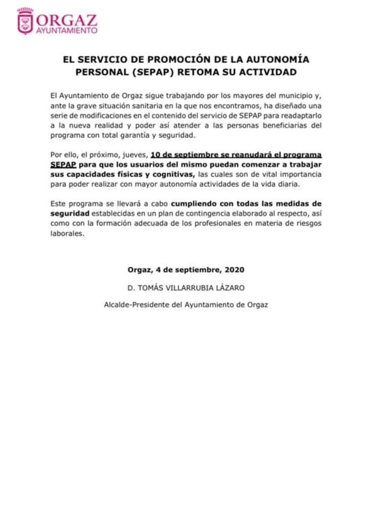 EL SEPAP REANUDA SU ACTIVIDAD EL 10 DE SEPTIEMBRE 