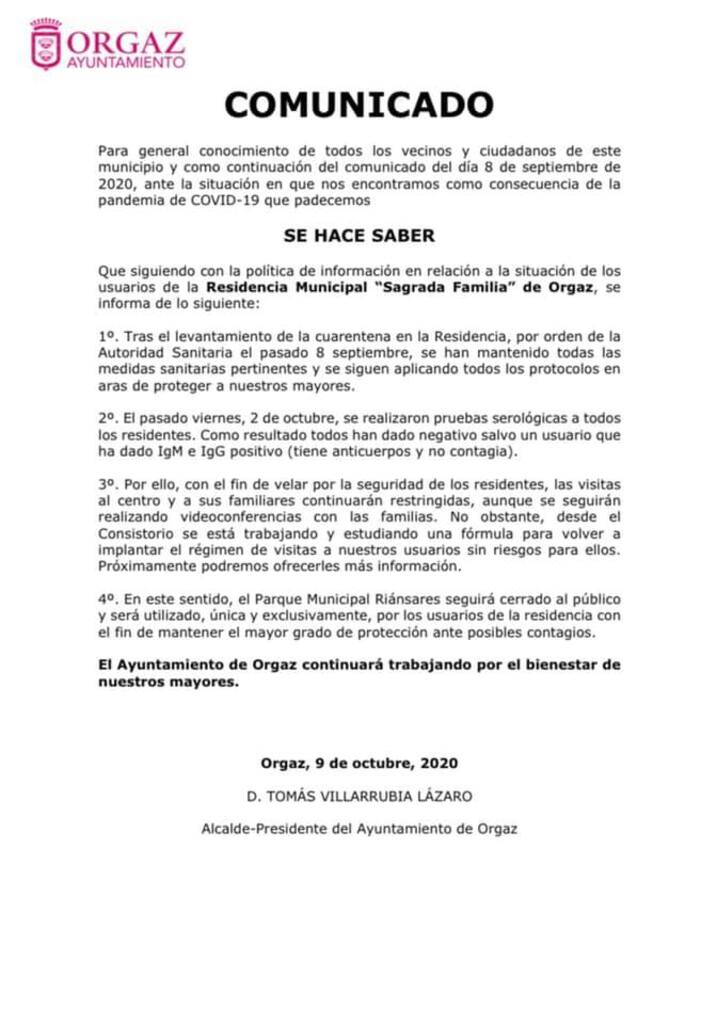 Comunicado sobre la Residencia Sagrada Familia