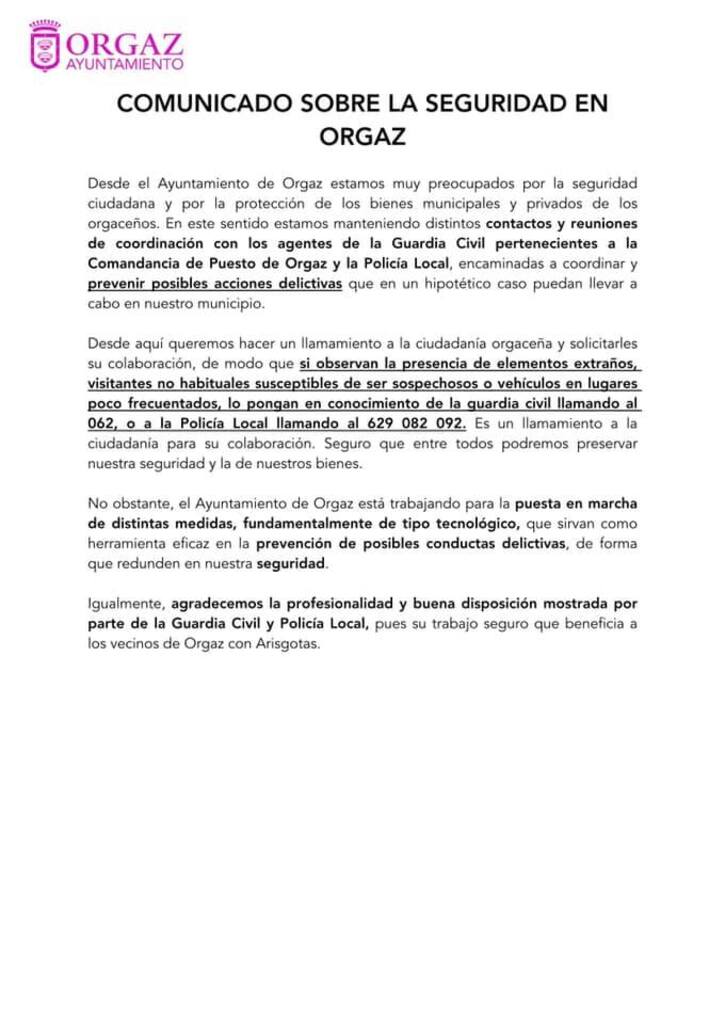 Comunicado relevante a la seguridad en Orgaz