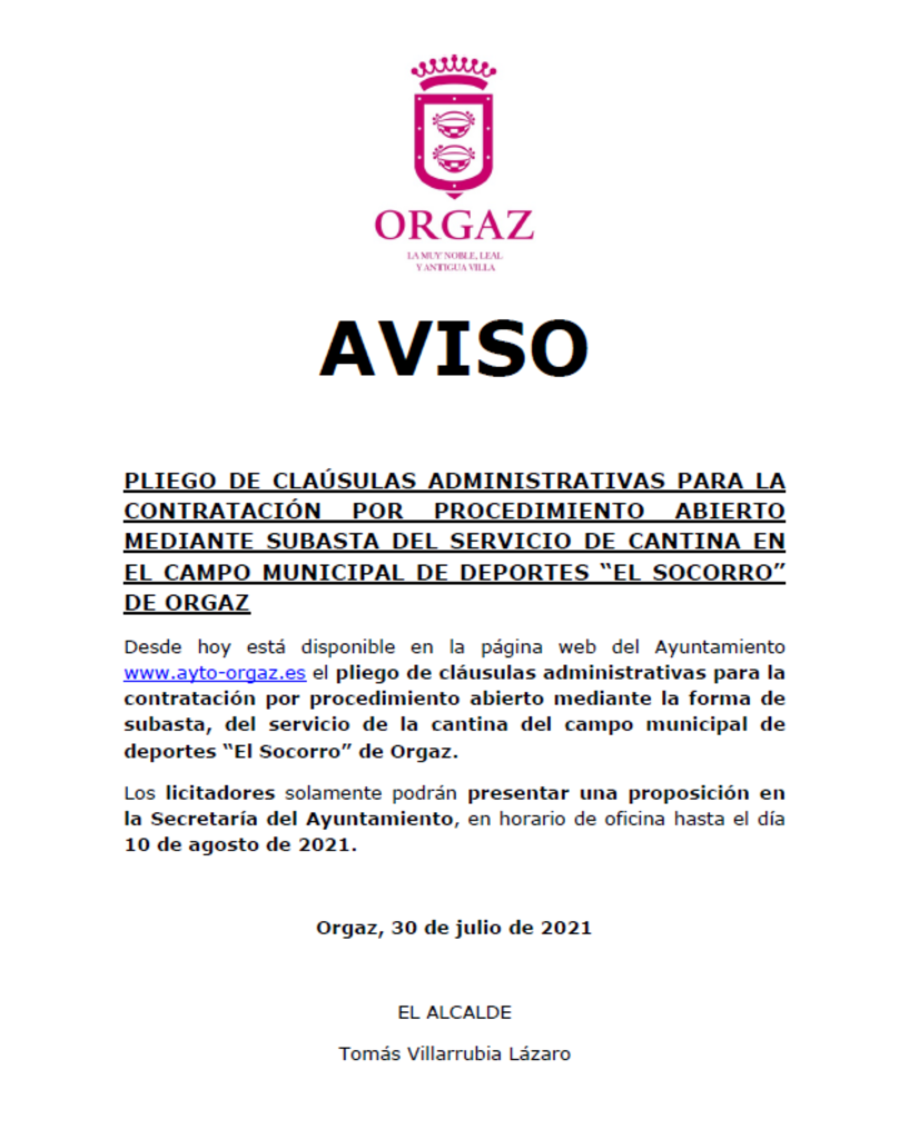 PLIEGO CONTRATACIÓN POR PROCEDIMIENTO ABIERTO MEDIANTE SUBASTA DEL SERVICIO DE CANTINA EN EL CAMPO MUNICIPAL DE DEPORTES