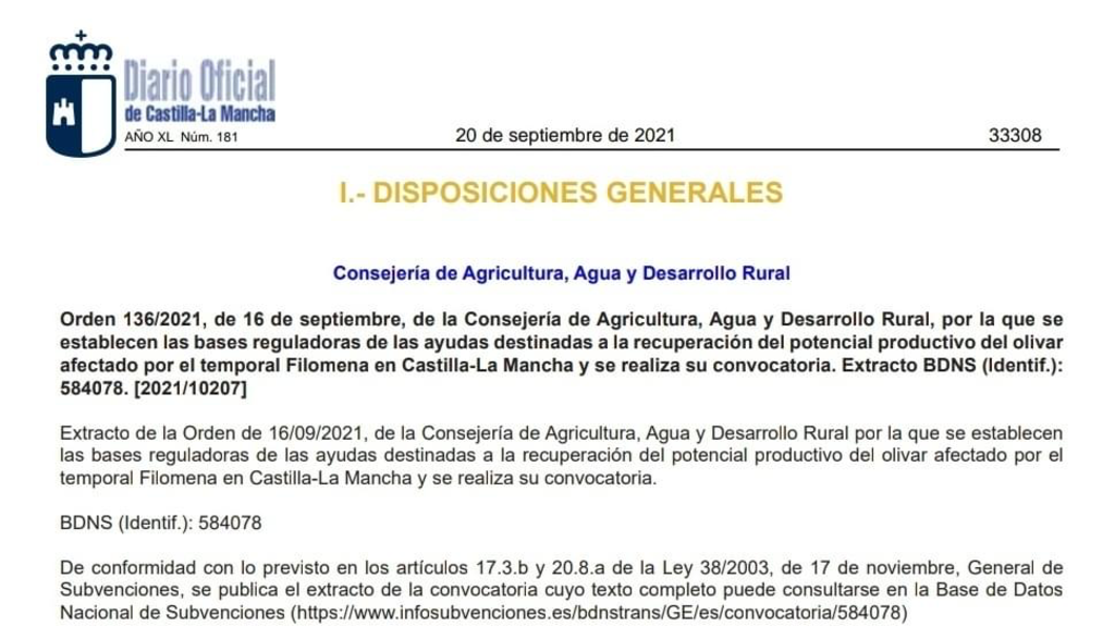 Ayudas destinadas a la recuperación del potencial productivo del olivar afectado por el temporal Filomena en CLM