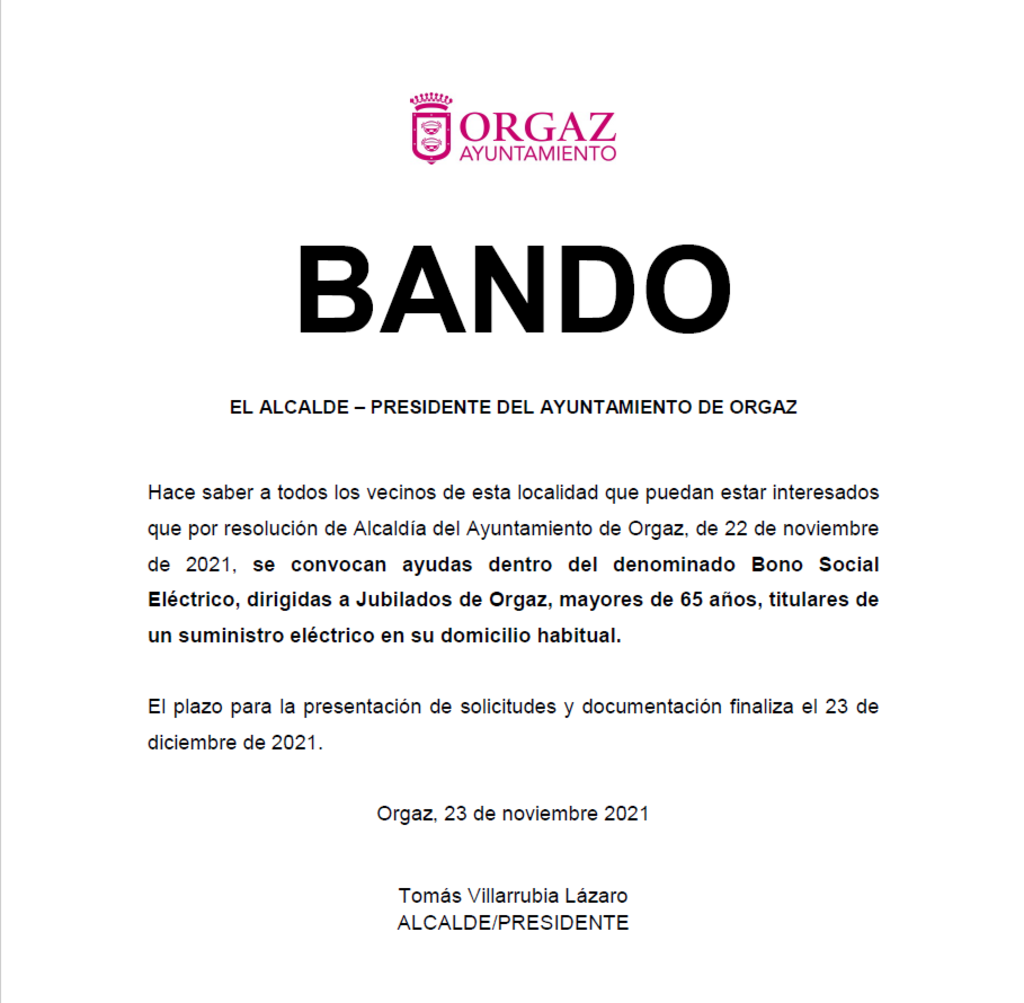 Convocado el Bono Social Eléctrico Municipal para Jubilados de Orgaz, mayores de 65 años, titulares de un suministro eléctrico en su domicilio habitual