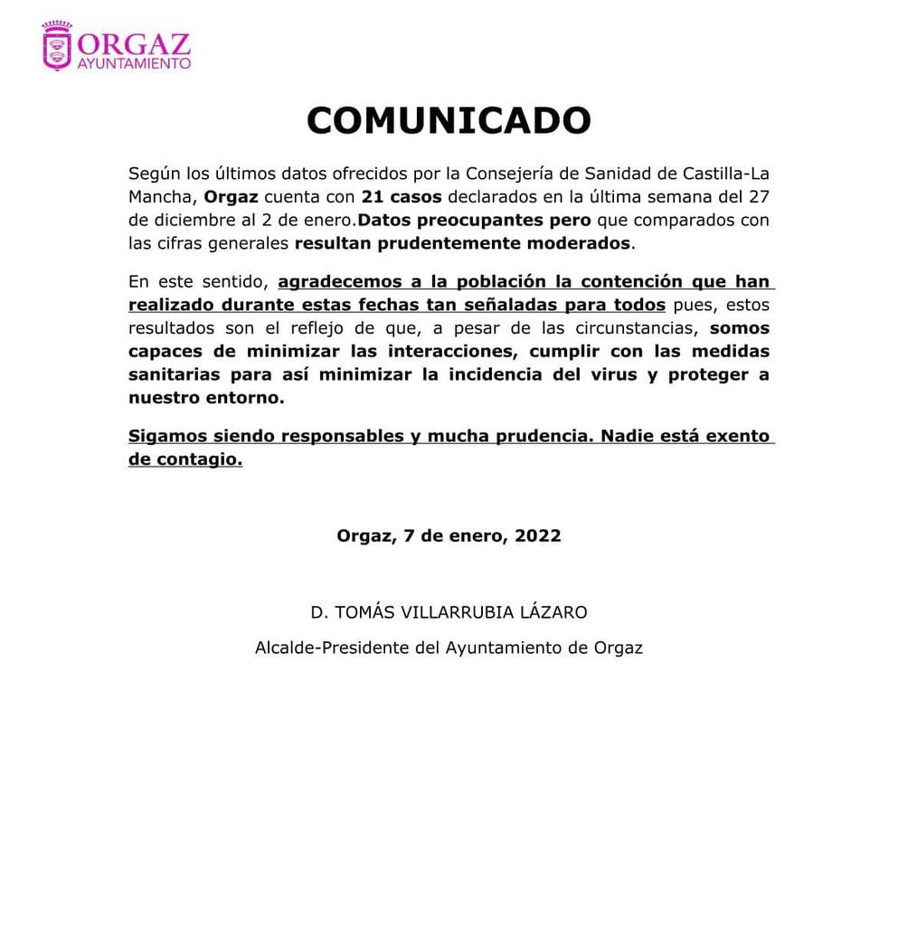 Comunicado sobre la situación epidemiológica en Orgaz 