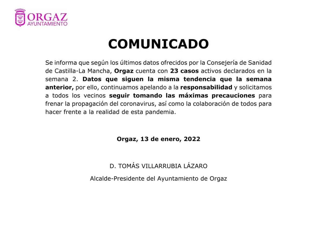 Comunicado sobre la situación epidemiológica en Orgaz