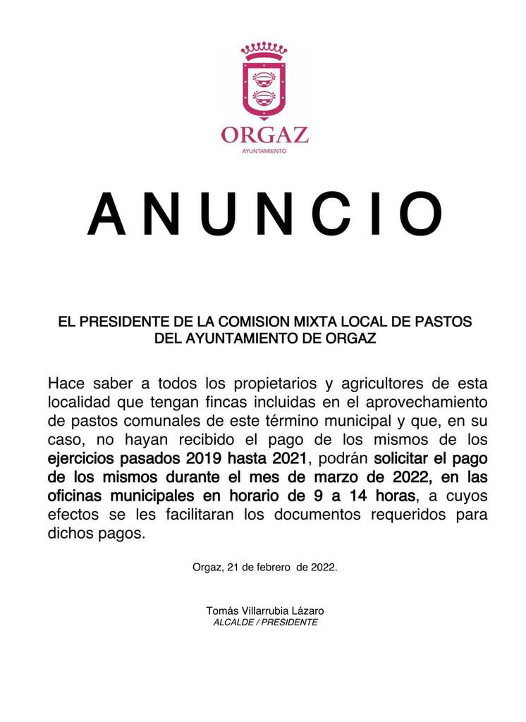 Anuncio para propietarios y agricultores de esta localidad que tengan fincas incluidas en el aprovechamiento de pastos comunales