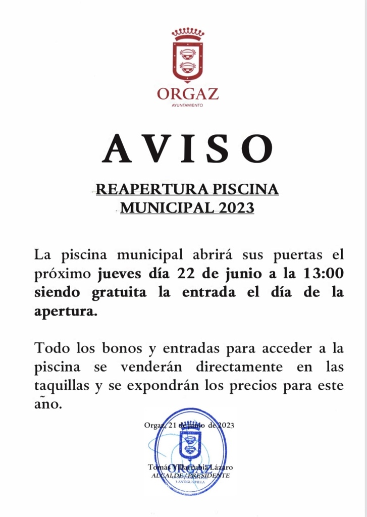 APERTURA PISCINA MUNICIPAL VERANO 2023