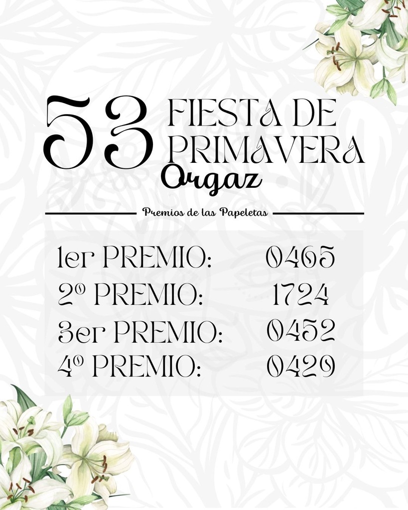 NÚMEROS PREMIADOS SORTEO 53ª FIESTA DE PRIMAVERA