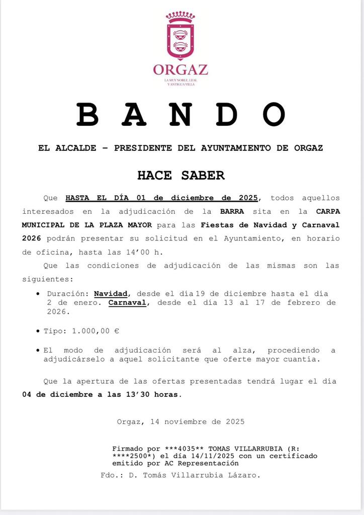 PLAZO ABIERTO ADJUDICACIÓN BARRA NAVIDAD Y CARNAVAL