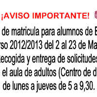 ¡AVISO! PLAZO DE MATRÍCULA ADULTOS